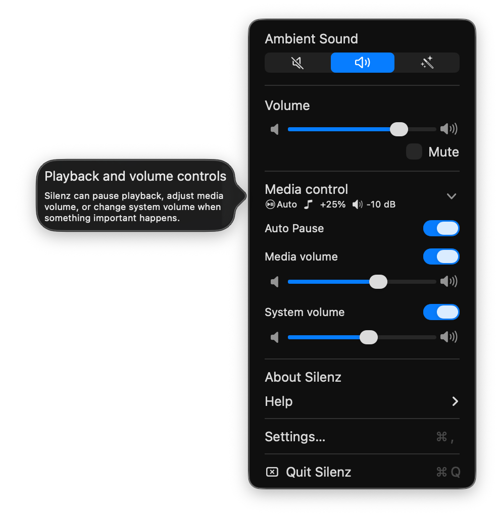 Silenz menu bar - Media control with playback options