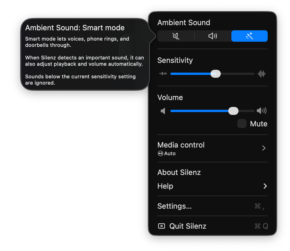 Silenz menu bar in Smart mode with the Stay focused quick-tour screen