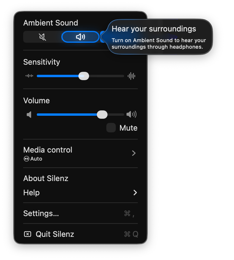 Silenz menu bar with Ambient Sound enabled and the Hear your surroundings help balloon