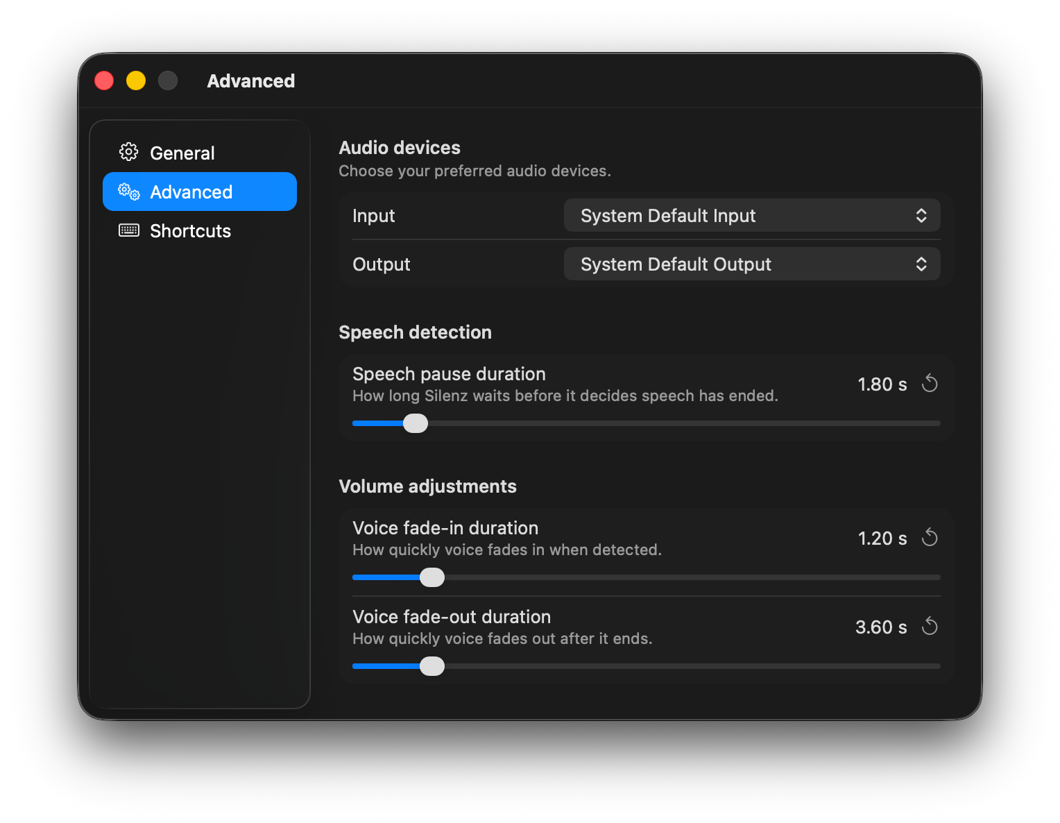 Silenz Settings - Advanced tab with audio device selection, speech detection, and volume adjustment controls