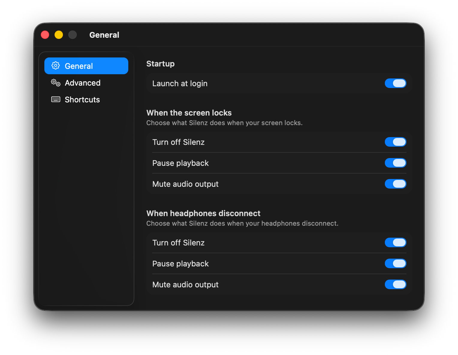 Silenz Settings - General tab with startup, screen lock, and headphones disconnect options