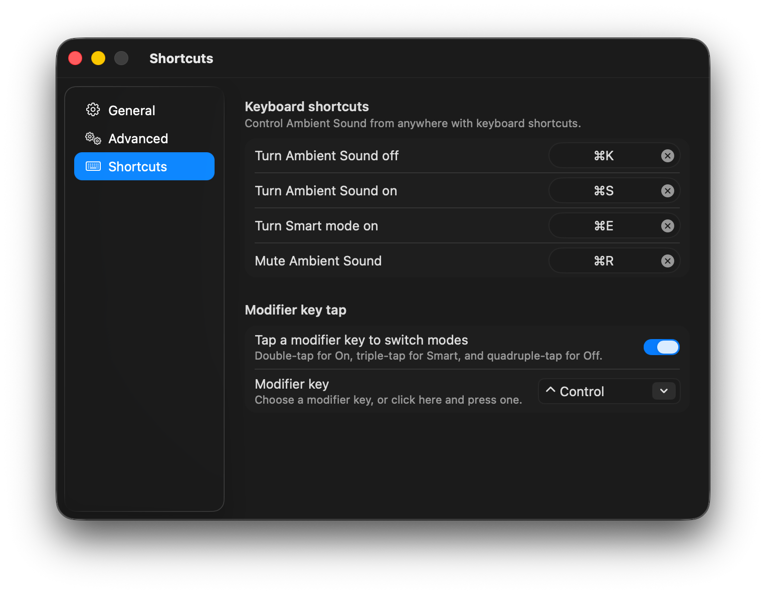 Silenz Settings - Shortcuts tab with keyboard shortcuts and modifier-key tap controls